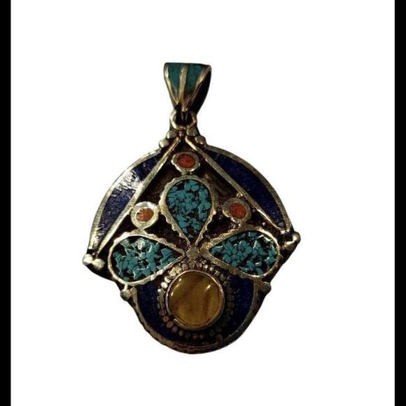 NEW Tibetan Pendant - Turquoise, Coral, Lapis, Green Stone & Tibetan Silver - Picture 2 of 5